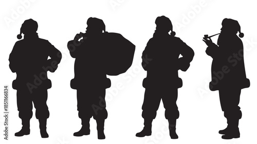 Silhouettes of people in various poses in dark mysterious lighting on white background for graphic design