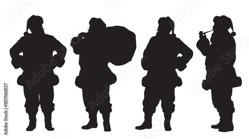 Silhouettes of firefighters in various poses with dramatic lighting on white background for emergency services illustration