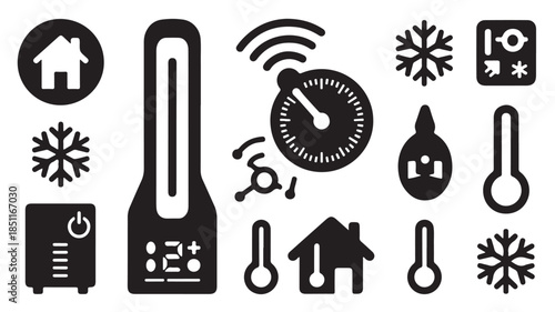 Thermostat and Temperature Control Icons in Minimalist Black Silhouette Style on White Background for UIUX Design