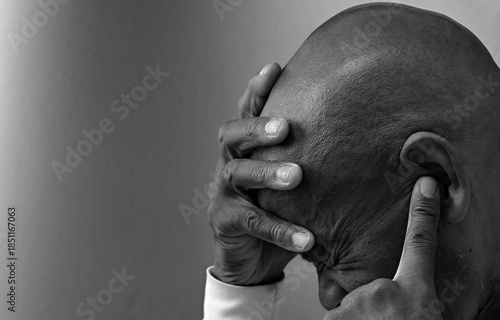 deafness suffering from deafness and hearing loss Senior man cupping his ear having difficulty hearing on gray background with people stock photo stock image