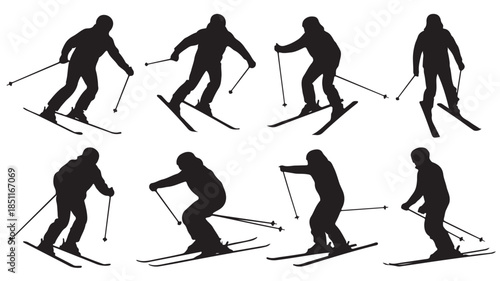 Skiers Silhouettes in Various Poses in Black on White Background for Sports Illustration