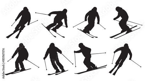 Skiers Silhouettes in Various Poses in Black on White Background for Sports Illustration