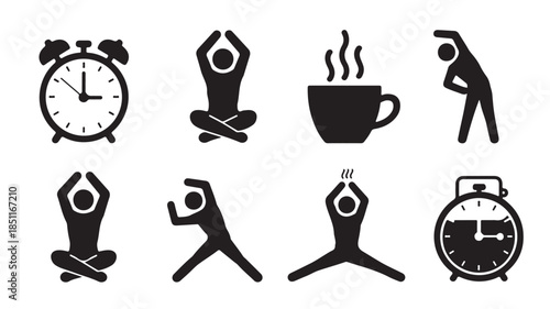 Yoga and Time Management Icons in Minimalist Black Silhouette Style on White Background for Wellness App
