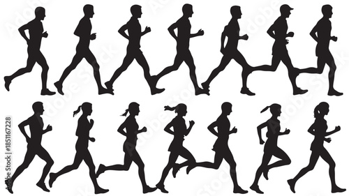 Silhouettes of Runners in Various Running Poses in Black on White Background for Fitness Illustration