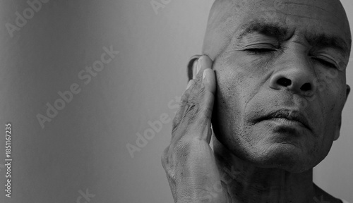 deafness suffering from deafness and hearing loss Senior man cupping his ear having difficulty hearing on gray background with people stock photo stock image