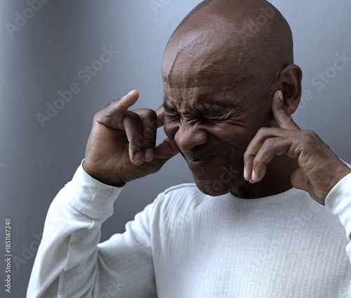 deafness suffering from deafness and hearing loss Senior man cupping his ear having difficulty hearing on gray background with people stock photo stock image