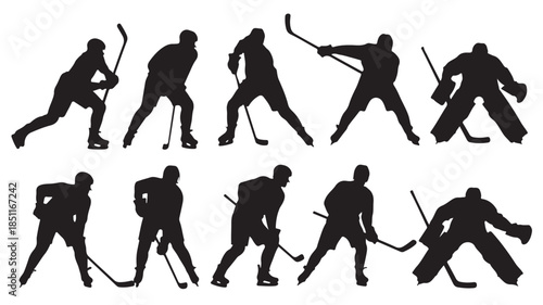 Silhouette of hockey players in various poses with hockey sticks in dynamic action for sports illustration