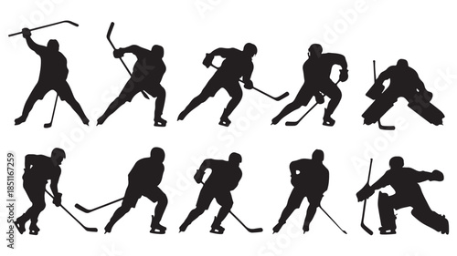 Silhouette of hockey players in various actions with dynamic movements in black on white background for sports illustration