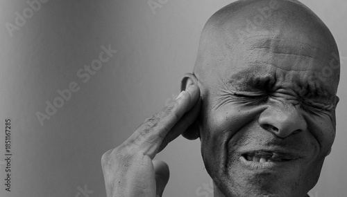 deafness suffering from deafness and hearing loss Senior man cupping his ear having difficulty hearing on gray background with people stock photo stock image