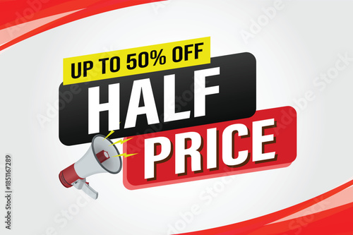 half price sale word mega phone concept vector illustration and 3d style, landing page, template, ui, web, mobile app, poster, banner, flyer, background, gift card, coupon, label, wallpaper

