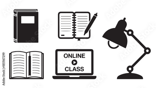 Online Class Icons in Simple Flat Design with Black Silhouette on White Background for Educational Resources