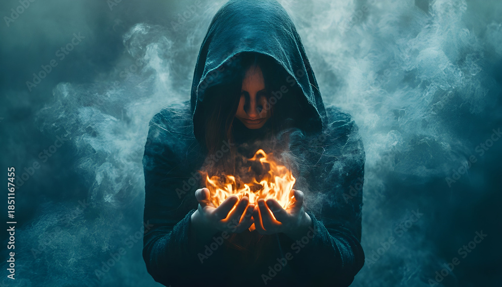 custom made wallpaper toronto digitalHooded woman holding flaming hands in a ritual fire with smoke suggesting pagan tradition and magic
