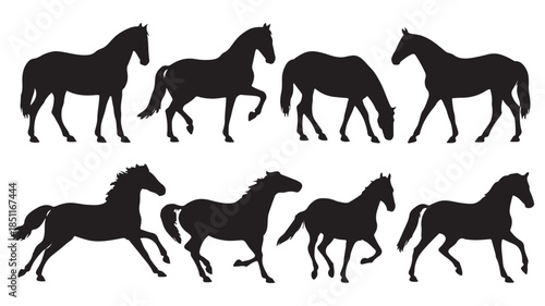 Running Horses Silhouettes in Dynamic Motion with Black Color on White Background for Equestrian Design