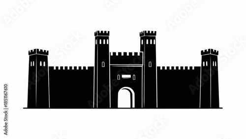 Black Silhouette of a Medieval Castle with Towers and Gate.