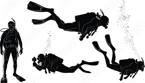 Scuba diver silhouettes vector illustration set, underwater people swimming, exploring the ocean, or taking photos with bubbles and diving gear.