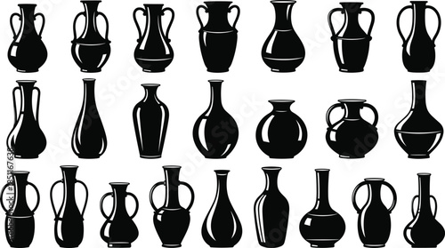 Set of ancient ceramic vase silhouettes, amphora, pitcher, jug, and vessel icons, classic Greek and Roman antique pottery collection, isolated black vector illustration on white background, 