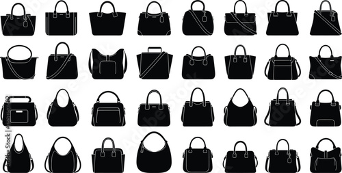 Set of Black Handbag and Purse Silhouettes, Various Fashion Accessories, Women's Shoulder Bags, Totes, and Clutches for Shopping and Style Design