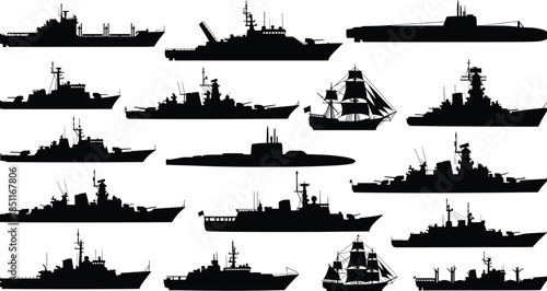 Set of military and vintage ship silhouettes vector illustration, including warships, frigates, submarines, and classic sailing vessels for naval and transport concepts.