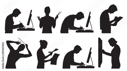 Silhouettes of People Working on Computers in Various Frustrated Poses in Dark Tone on White Background for Office Illustration