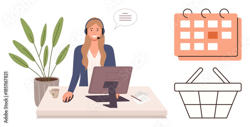 Woman working at desk equipped with headset and computer monitor. Calendar and shopping basket represent scheduling and online shopping. Ideal for customer support, e-commerce, remote work, time