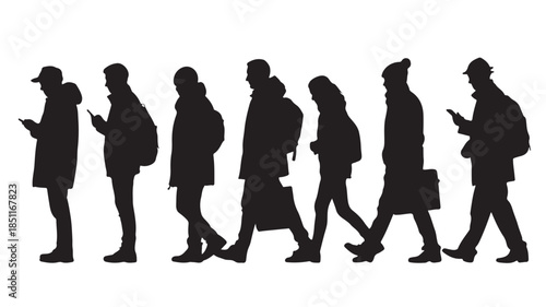 Silhouettes of People Walking with Devices in Modern Urban Style with Dark Silhouettes on White Background for Business