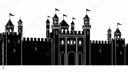 Silhouette of a Majestic Medieval Castle with Flags Flying High.