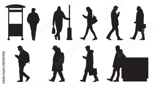 Silhouettes of people walking with various objects in black on white background for graphic design