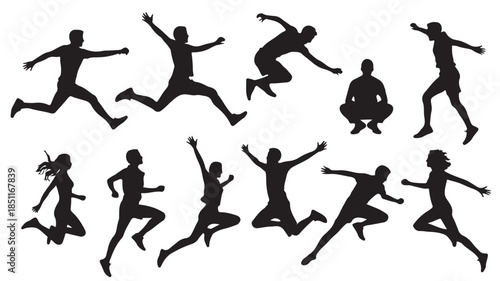 Silhouettes of people jumping and exercising in dynamic motion with black color on white background for fitness and sports graphics
