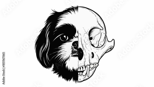 Split Face Dog Skull Hybrid Creature Illustration.