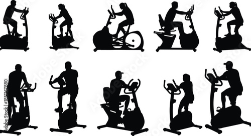 Set of silhouettes of people exercising on various gym equipment, including stationary bikes and elliptical machines for cardio, fitness, and health training.