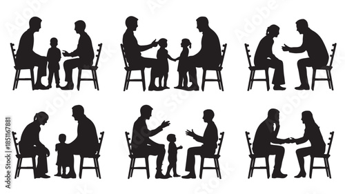 Silhouettes of people interacting with children in minimalist chairs in simple black profile for family illustration