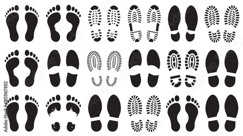 Footprints and shoe prints in various styles and silhouettes on white background for forensic or tracking purposes