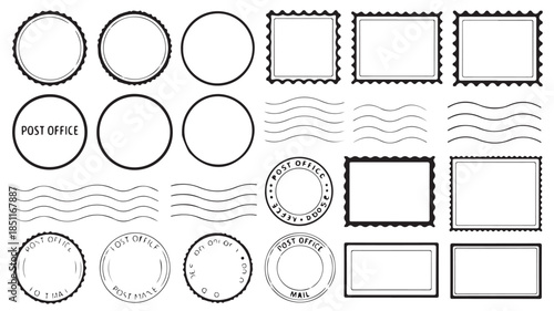 Set of blank postage stamp templates in minimalist black and white design with wavy lines for stationery