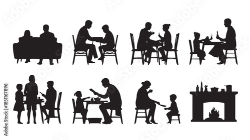 Family silhouettes in various domestic scenes with warm cozy lighting on white background for illustration