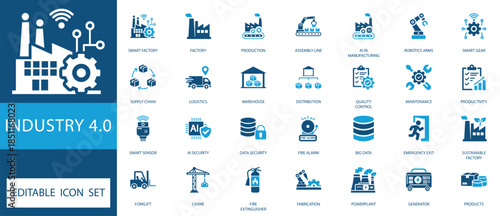 Industry 4.0 Icon Set featuring smart factory, robotics, logistics, supply chain, and AI automation symbols. Designed for modern industrial applications. Fully editable vector icons