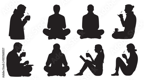 People meditating and drinking tea in minimalist silhouette style with soft black color on white background for wellness and mindfulness design