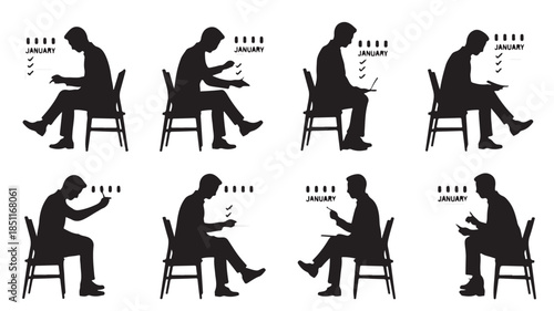 Silhouettes of people using mobile phones in various poses on chairs in minimalist black and white style for digital illustration