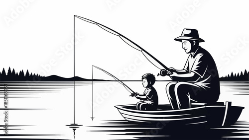Father and Son Fishing Together in a Boat.