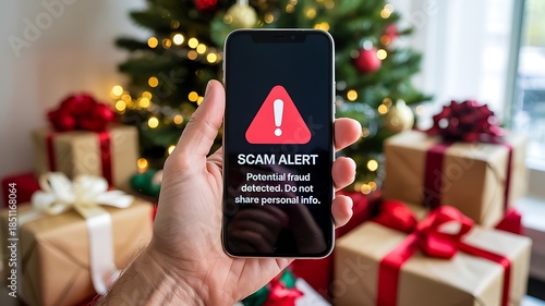 Potential Fraud Detected Message on Smartphone Held Against a Festive Background of Christmas Tree and Gifts