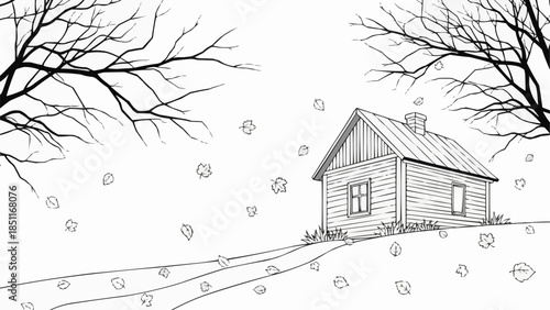 Rustic wooden cabin nestled on a snowy hill with bare trees.