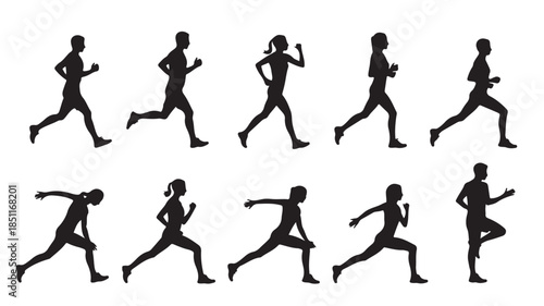 Running Silhouettes in Various Poses with Dynamic Movement in Black on White Background for Fitness Illustration