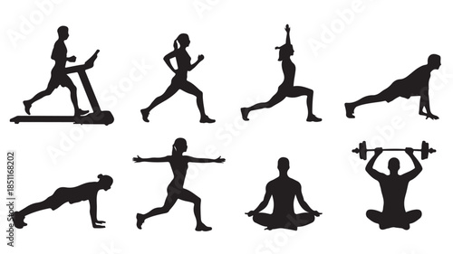 Silhouette of People Exercising in Various Yoga and Fitness Poses in Minimalist Black Style on White Background for Health and Wellness