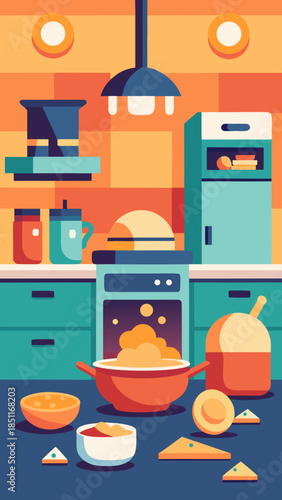 Colorful messy kitchen with food spills, cooking utensils and overflowing pot representing culinary chaos and vibrant home cooking aesthetic