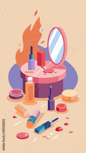 Messy makeup table with scattered cosmetics, broken powder and lipstick smudges reflecting chaotic beauty and feminine disorder aesthetic
