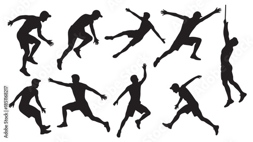 Silhouetted athletes in dynamic poses with dramatic movement in black on white background for sports illustration