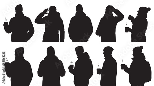 Silhouettes of people using smartphones in various poses with modern minimalist style in black and white for mobile app design