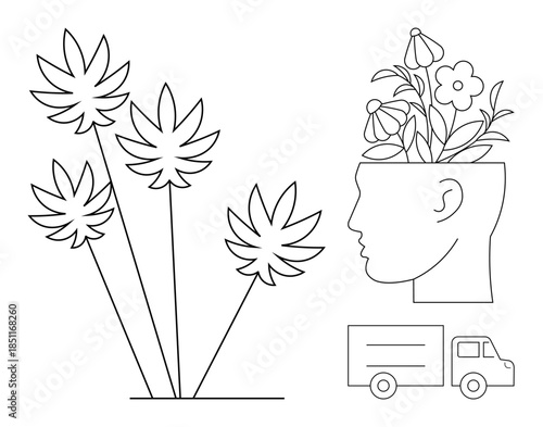Tall plants, human head with floral growth, delivery truck represent sustainability, mental health, eco-friendly living, nature, mindfulness, growth, progress simple flat metaphor