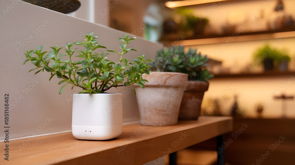 Fototapeta premium Potted green plant in white pot on shelf