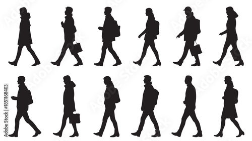 Business People Silhouettes Walking in Various Poses with Briefcases in Simple Black Illustration for Corporate Use