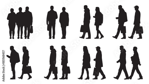 Silhouettes of business people in various poses and actions in black on white background for graphic design